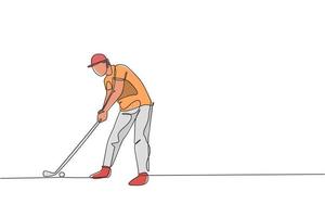 un disegno a linea singola di un giovane giocatore di golf sportivo ha colpito la palla utilizzando la grafica di illustrazione vettoriale di mazza da golf. concetto di sport sano. moderno disegno a linea continua per poster di tornei di golf