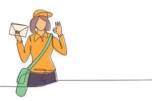 la postina con un disegno a una linea che indossa un cappello, una borsa a tracolla e un'uniforme con un gesto va bene tiene la busta da consegnare all'indirizzo di casa. illustrazione vettoriale grafica di disegno di disegno di linea continua moderna