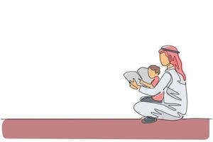 un disegno a tratteggio continuo di un giovane padre e figlio islamici che leggono insieme il libro di fiabe sul pavimento. concetto di famiglia genitorialità amorevole arabo felice. illustrazione vettoriale di disegno dinamico a linea singola