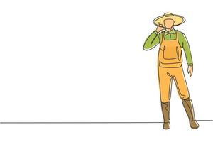 il contadino con un unico disegno a linea continua stava in piedi con un gesto di chiamata, indossando un cappello di paglia e un'uniforme per piantare colture su terreni agricoli. affari di successo. illustrazione vettoriale di disegno grafico di disegno grafico di una linea dinamica