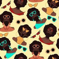 modello di moderno africano donne nel retrò stile e occhiali. dai capelli ricci afroamericano donne Guarda a voi nel diverso occhiali. sfondo per il ottica negozio, confezione. sfondo nel retrò colori vettore
