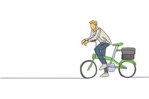 un disegno a linea continua di un giovane manager professionista che pedala in bicicletta pieghevole nel suo ufficio. concetto di stile di vita urbano di lavoro sano. illustrazione vettoriale dinamica del disegno a linea singola