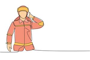 Vigili del fuoco in uniforme con una sola linea, chiamami gesto e indossando il casco si preparano a spegnere l'incendio che ha bruciato l'edificio. illustrazione vettoriale grafica di disegno di disegno di linea continua moderna