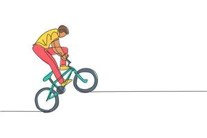 un disegno a linea singola di un giovane ciclista bmx che esegue il trucco freestyle sull'illustrazione vettoriale di strada. concetto di sport estremo. design moderno a linea continua per banner da competizione freestyle