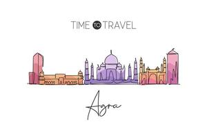 un disegno a linea singola dello skyline della città di agra, india. stampa del poster del paesaggio della città storica. migliore destinazione per le vacanze. tratto modificabile illustrazione grafica vettoriale di disegno a linea continua alla moda