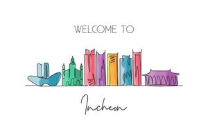 skyline di incheon con disegno a linea continua singola, corea del sud. famosa cartolina del paesaggio del raschietto della città. concetto di destinazione di viaggio nel mondo. tratto modificabile moderno disegno di una linea illustrazione vettoriale