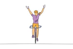 un unico disegno a linea continua di una giovane donna agile ciclista alza le mani in aria. concetto di stile di vita sportivo. illustrazione vettoriale alla moda di una linea di disegno per i media di promozione delle gare ciclistiche