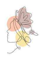 disegno a linea continua singola donna di bellezza con opere d'arte a farfalla. botanica, moda, stampa t-shirt. concetto di stile minimalista volto ritratto. illustrazione vettoriale grafica di design alla moda di una linea di disegno