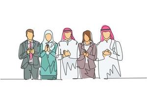 un disegno a tratteggio continuo di giovani uomini d'affari e donne d'affari in fila insieme battendo le mani. abbigliamento islamico shemag, hijab, sciarpa, kefiah. illustrazione vettoriale di disegno a linea singola