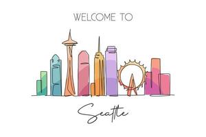 disegno a linea continua singola dello skyline della città di Seattle, Stati Uniti. famoso raschietto della città e paesaggio per la decorazione della parete di casa poster stampa art. concetto di viaggio nel mondo. illustrazione vettoriale moderna di disegno di una linea