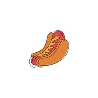 un disegno a linea continua dell'emblema del logo del ristorante americano hot dog fresco delizioso. concetto di modello di logotipo di negozio di caffè hotdog fast food. illustrazione grafica moderna di disegno vettoriale a linea singola