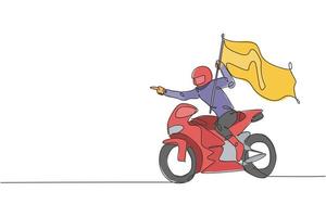 un unico disegno a linea continua del giovane pilota di superbike sventola una bandiera per celebrare la vittoria. concetto di torneo di gara. illustrazione vettoriale alla moda di una linea di disegno per i media di promozione delle corse motociclistiche