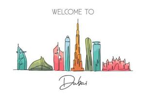 un disegno a linea continua dello skyline della città di dubai emirati arabi uniti. bellissimo punto di riferimento della città. turismo paesaggistico mondiale e viaggi. illustrazione vettoriale di disegno a linea singola con tratto elegante modificabile