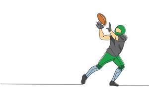 un giovane giocatore di football americano che disegna una linea continua prende la palla dal suo compagno di squadra per il poster della competizione. concetto di lavoro di squadra sportivo. illustrazione grafica vettoriale dinamica con disegno a linea singola