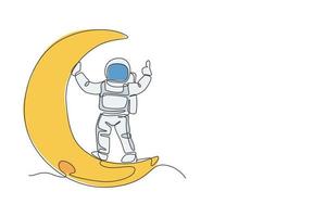 un cosmonauta di disegno a tratteggio continuo che esplora lo spazio esterno. astronauta in piedi sulla mezzaluna discutibile. concetto di scoperta della galassia cosmica fantasy. illustrazione vettoriale grafica di disegno dinamico a linea singola