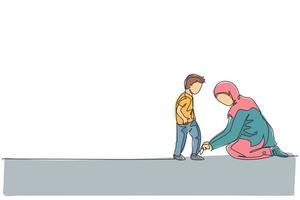un disegno a tratteggio di una giovane mamma islamica aiuta suo figlio a legare i lacci delle scarpe prima di andare a scuola illustrazione vettoriale. felice concetto di genitorialità familiare musulmana araba. design moderno a linea continua vettore