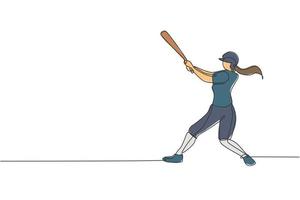 un disegno a linea singola della pratica del giocatore di baseball della giovane donna energica per colpire l'illustrazione vettoriale della palla. concetto di allenamento sportivo. design moderno a linea continua per banner torneo di baseball