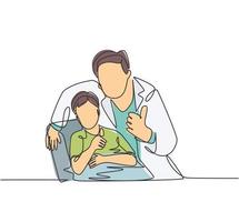un disegno a tratteggio di giovane dentista che calma il suo bambino paziente e dà il pollice in alto gesto. concetto di assistenza sanitaria dei denti. illustrazione grafica vettoriale di disegno di disegno di linea continua