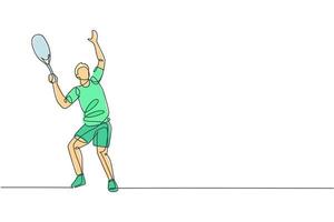 un disegno a linea continua di un giovane giocatore di tennis felice si prepara al servizio e colpisce la palla. concetto di sport competitivo. illustrazione vettoriale dinamica del disegno di una linea singola per il poster del torneo