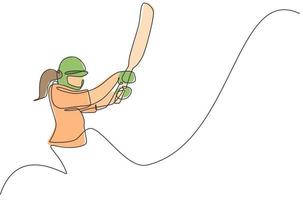 disegno a linea continua singola del fuoco di posizione del giocatore di cricket della giovane donna agile per colpire l'illustrazione vettoriale della palla. concetto di esercizio sportivo. design alla moda di una linea per i media di promozione del cricket