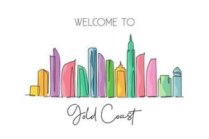 unico disegno a linea continua dello skyline della città di Gold Coast, australia. famoso paesaggio cittadino. stampa di poster di arte della decorazione della casa della parete di concetto di viaggio del mondo. illustrazione vettoriale moderna di disegno di una linea