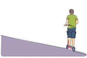 disegno a linea continua di un uomo felice che guida uno scooter elettrico in un'area pubblica, vista posteriore. trasporto ecologico. concetto di stile di vita urbano. illustrazione vettoriale di design alla moda con una linea di disegno