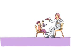 un disegno a tratteggio continuo di un giovane padre arabo che gioca a una figura giocattolo di aeroplano con il figlio a casa. felice concetto di famiglia genitorialità musulmana islamica. illustrazione vettoriale di disegno dinamico a linea singola