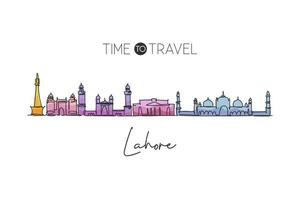 un disegno a linea continua dello skyline della città di lahore, pakistan. bellissimo punto di riferimento della città. turismo paesaggistico mondiale e vacanze di viaggio. illustrazione vettoriale di disegno a linea singola con tratto elegante modificabile