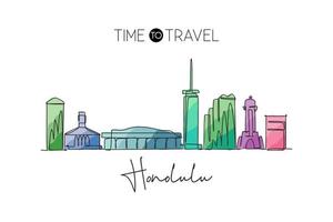 una linea singola che disegna lo skyline della città di honolulu, hawaii. paesaggio storico della città nel mondo. miglior poster di destinazione per le vacanze. tratto modificabile illustrazione vettoriale di disegno a linea continua alla moda