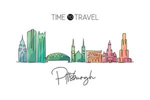 unico disegno a linea continua dello skyline della città di pittsburgh, pennsylvania. famoso paesaggio cittadino. concetto di viaggio nel mondo home wall decor stampa poster art. illustrazione vettoriale moderna di disegno di una linea