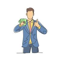 un disegno a tratteggio di giovane uomo d'affari di successo felice mostra la pila di carta dei soldi e dà il pollice in alto gesto. concetto di successo aziendale. illustrazione vettoriale di disegno di disegno di linea continua