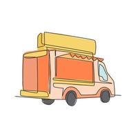 un disegno a linea singola di un camion di cibo vintage per l'illustrazione vettoriale del logo del festival. menu mobile fast food cafe e concetto distintivo ristorante. logotipo di cibo di strada di design moderno a linea continua