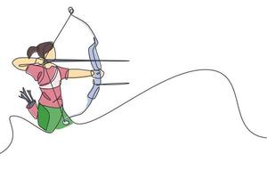 disegno a linea continua singola di una giovane donna arciere professionista che punta al bersaglio di tiro con l'arco. esercizio sportivo di tiro con l'arco con il concetto di arco. grafico di illustrazione vettoriale di disegno di una linea alla moda