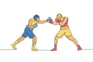 un disegno a linea continua di due giovani pugili sportivi duello sul ring. concetto di sport da combattimento competitivo. illustrazione vettoriale di disegno dinamico a linea singola per poster di promozione di incontri di boxe