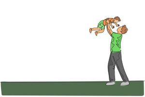 disegno a linea continua singolo giovane padre felice che alza suo figlio in aria giocando insieme a casa, paternità divertente. concetto di famiglia felice. grafico dell'illustrazione di vettore di disegno di disegno di una linea alla moda
