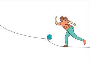 una singola linea di disegno giovane talentuoso giocatore di bowling donna lanciare la palla per colpire i birilli illustrazione grafica vettoriale. stile di vita delle persone sane e concetto di sport. moderno disegno a linea continua vettore
