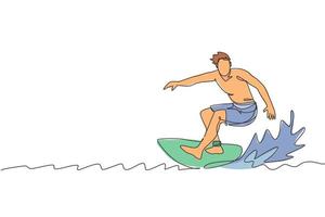 singola linea continua che disegna giovane surfista professionista in azione cavalcando le onde sull'oceano blu. concetto di sport acquatici estremi. vacanze estive. illustrazione grafica vettoriale alla moda di una linea