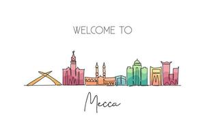 un disegno a linea continua dello skyline della città della mecca, arabia saudita. bellissimo punto di riferimento cartolina stampa art. vacanza di viaggio del turismo paesaggistico mondiale. illustrazione vettoriale di disegno a linea singola con tratto elegante