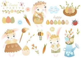 Pasqua impostato di illustrazioni nel un' carino stile e delicato colori. Pasqua coniglietti, colorato uova, citazioni, primavera mazzo, carota, miele ape. adatto per bambini, disegni, adesivi e stampa. vettore