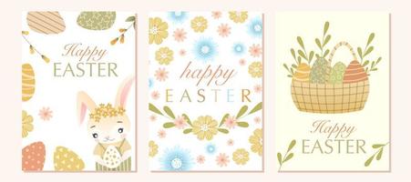 Pasqua cartolina impostato con carino coniglio carattere, colorato uova, fiori, verde le foglie e citazioni. bene per primavera e Pasqua saluto carte, manifesti, figli di design e striscioni. vettore illustrazione.