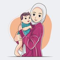 mamma e bambino. bambino nel un' tenero abbraccio di hijab madre vettore illustrazione professionista Scarica