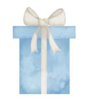acquerello regalo scatola con nastro nel blu e beige pastello colori. mano disegnato illustrazione di presente per contento compleanno saluto carte o Natale inviti. disegno su isolato sfondo vettore