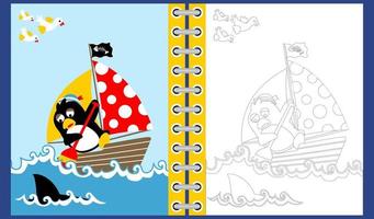 vettore cartone animato di carino pinguino il marinaio su barca a vela nel squalo attacco, colorazione libro o pagina