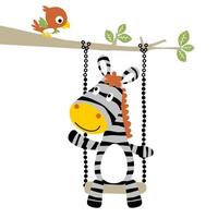 vettore cartone animato di zebra giocando swing con un' poco uccello