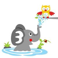 divertente elefante spruzzatura acqua per gufo su albero rami, coccinella su erba, vettore cartone animato illustrazione