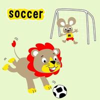 divertente Leone con topo giocando calcio, vettore cartone animato illustrazione