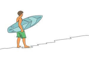 un disegno a linea continua di un giovane surfista turistico felice che cammina sulla spiaggia sabbiosa e trasporta la tavola da surf. concetto di sport acquatici estremi. vacanze estive. illustrazione vettoriale dinamica del disegno a linea singola