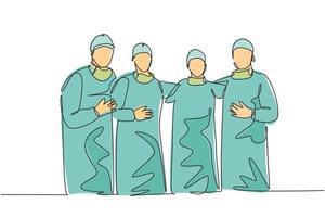 singolo gruppo di disegno a linea singola continuo di medici chirurghi in piedi e in posa dopo aver eseguito un intervento chirurgico in ospedale. concetto di trattamento di cure mediche illustrazione vettoriale di disegno di una linea di disegno