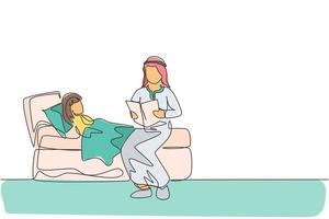 un disegno a tratteggio continuo di un giovane papà arabo che legge un libro di fiabe a sua figlia in camera da letto. felice musulmano islamico amorevole concetto di famiglia genitoriale. illustrazione vettoriale di disegno dinamico a linea singola