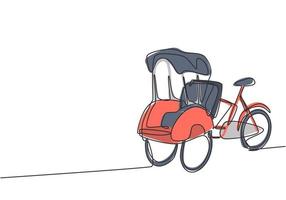 pedicab con un disegno a linea singola con tre ruote e sedile del passeggero nella parte anteriore e controllo del conducente nella parte posteriore si trovano spesso in Indonesia. linea continua disegnare disegno grafico illustrazione vettoriale. vettore